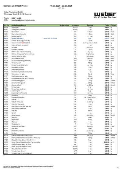 Obst- und Gemüsepreisliste von WEBER