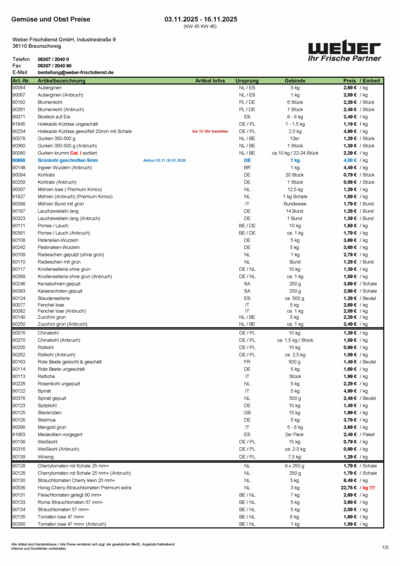 Obst- und Gemüsepreisliste von WEBER