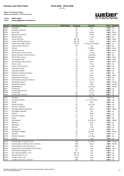 Obst- und Gemüsepreisliste von WEBER