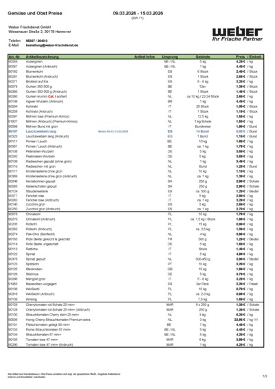 Obst- und Gemüsepreisliste von WEBER
