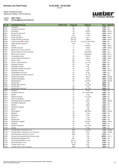 Obst- und Gemüsepreisliste von WEBER