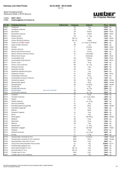 Obst- und Gemüsepreisliste von WEBER