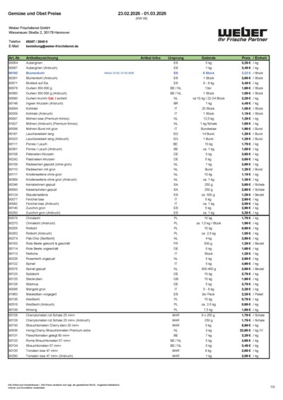 Obst- und Gemüsepreisliste von WEBER