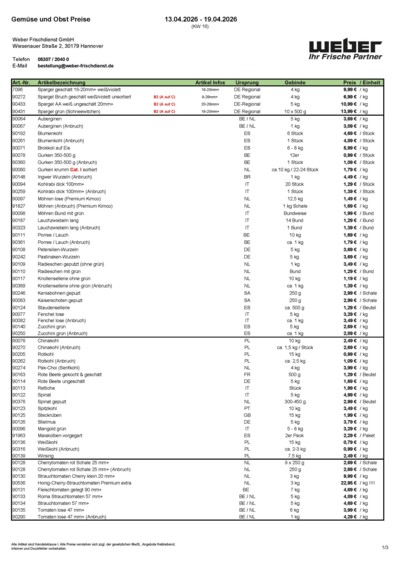 Obst- und Gemüsepreisliste von WEBER