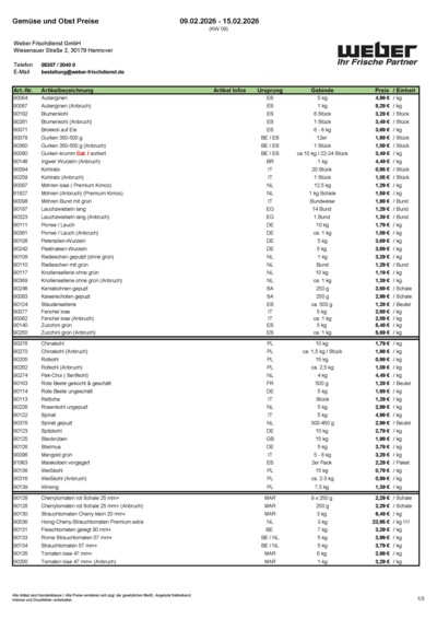 Obst- und Gemüsepreisliste von WEBER