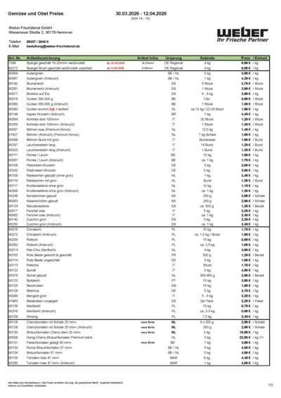 Obst- und Gemüsepreisliste von WEBER