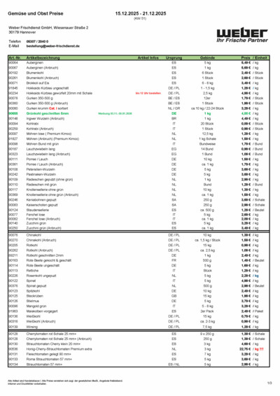 Obst- und Gemüsepreisliste von WEBER